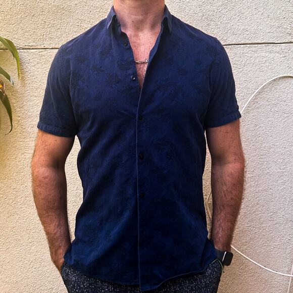 The Kooples Other - THE KOOPLES Printed Blue Jacquard Short Sleeve Button Up Sz. L